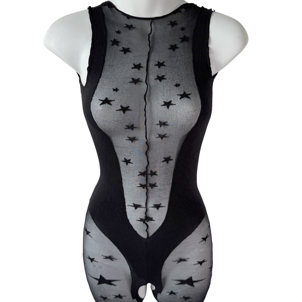 Black Star Mesh Bodystocking Women OS Crotchless Footless Rave Festival Clubwear